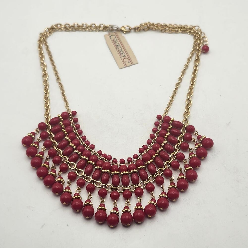 Courtney G Red Beaded Gold Tone Chain Bib Fringe Statement Necklace Boho Jewelry